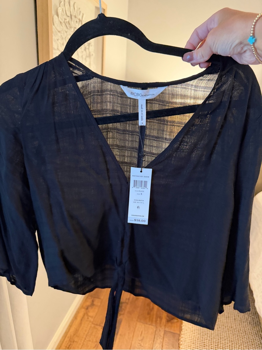 BCBGeneration Black Sheer Tie-Front Blouse